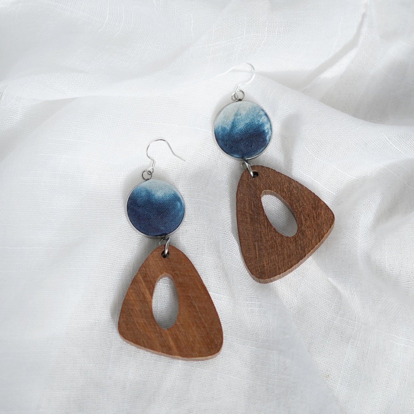 Cyanotype on fabric boho hoop earrings silver