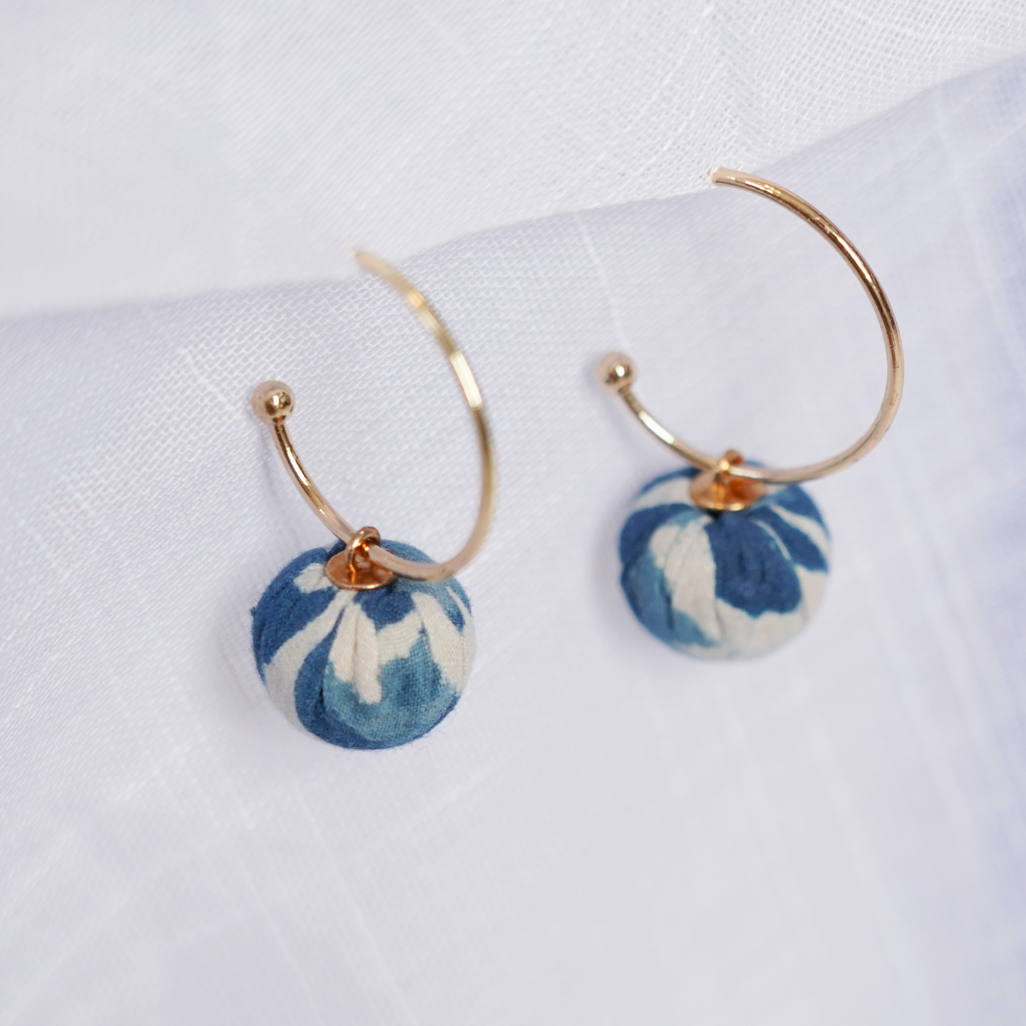 cyanotype on fabric boho drop earrings 14k gold