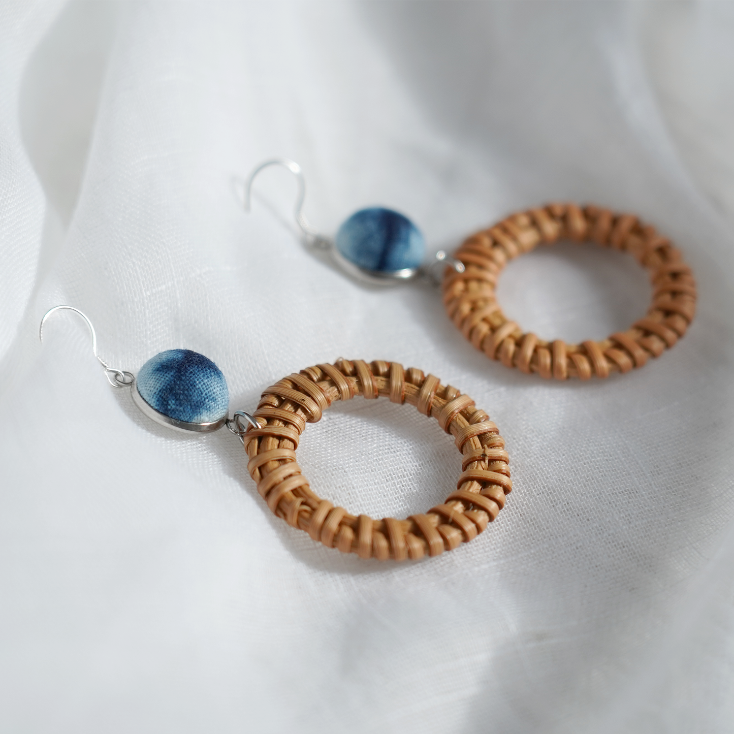 boho dangle earrings silver cyanotype printing on fabric