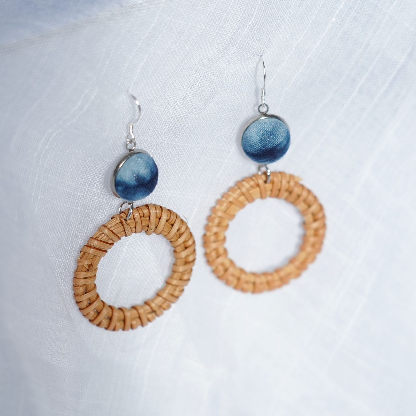 minimalist boho dangle earrings silver cyanotype printing on fabric