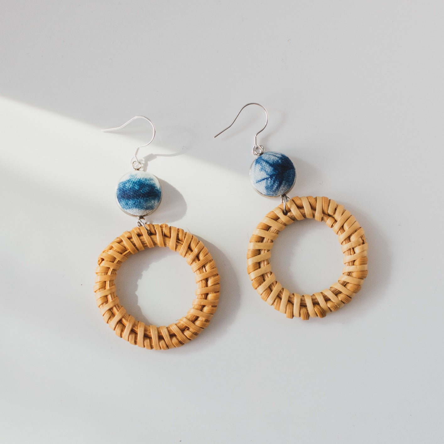 cyanotype printing on fabric silver dangle boho earrings