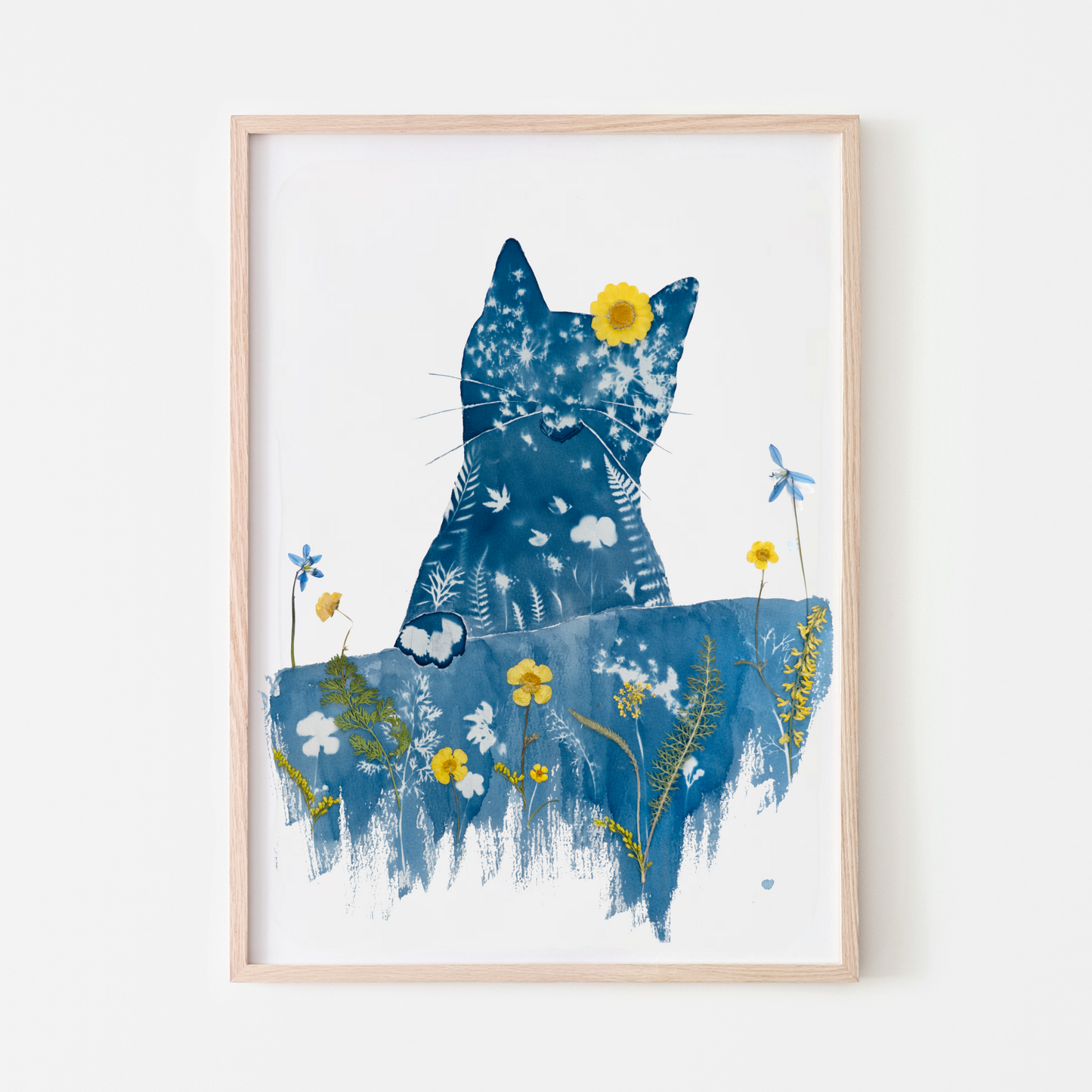 cyanotype pressed flower cat artwork