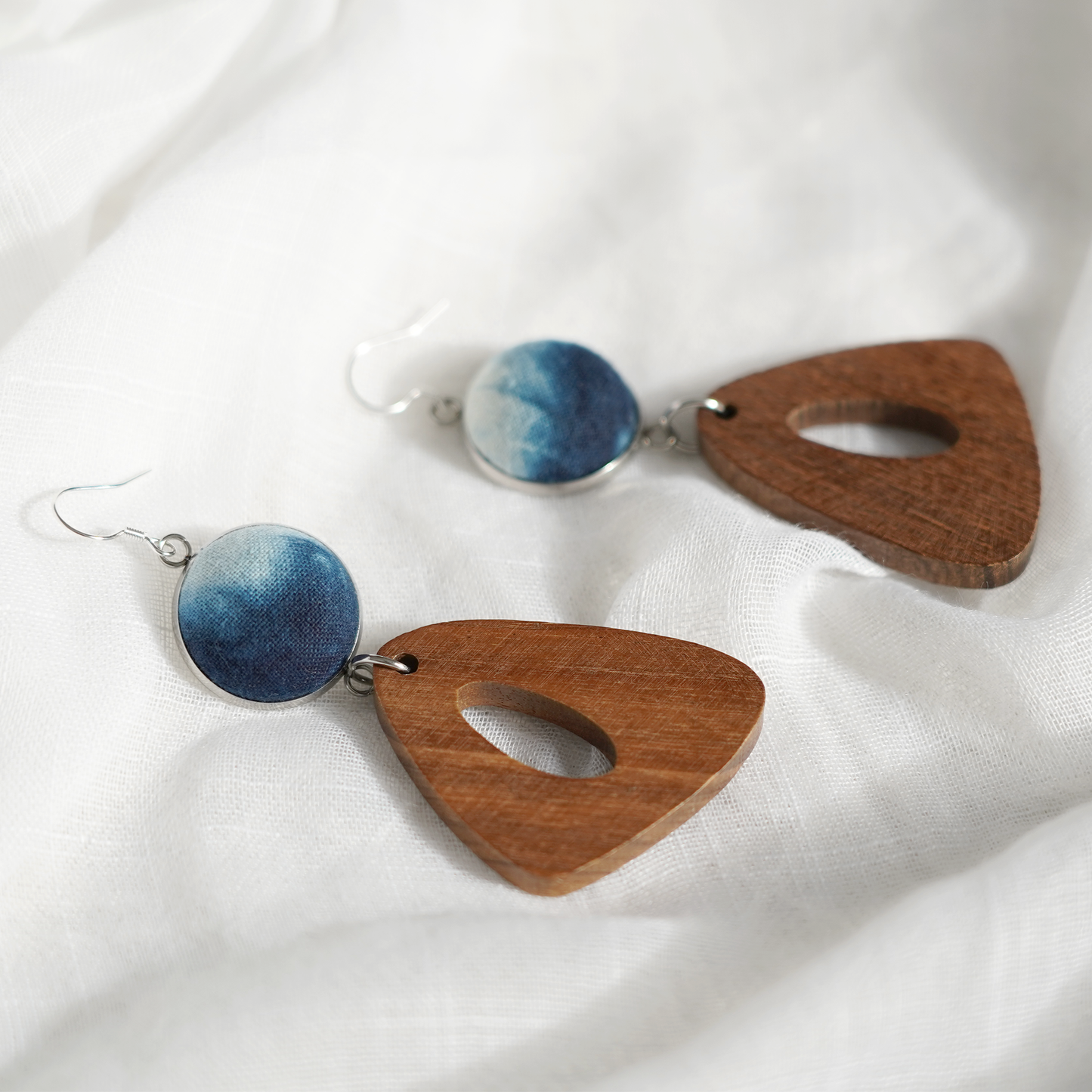 silver boho hoop earrings cyanotype printing on fabric