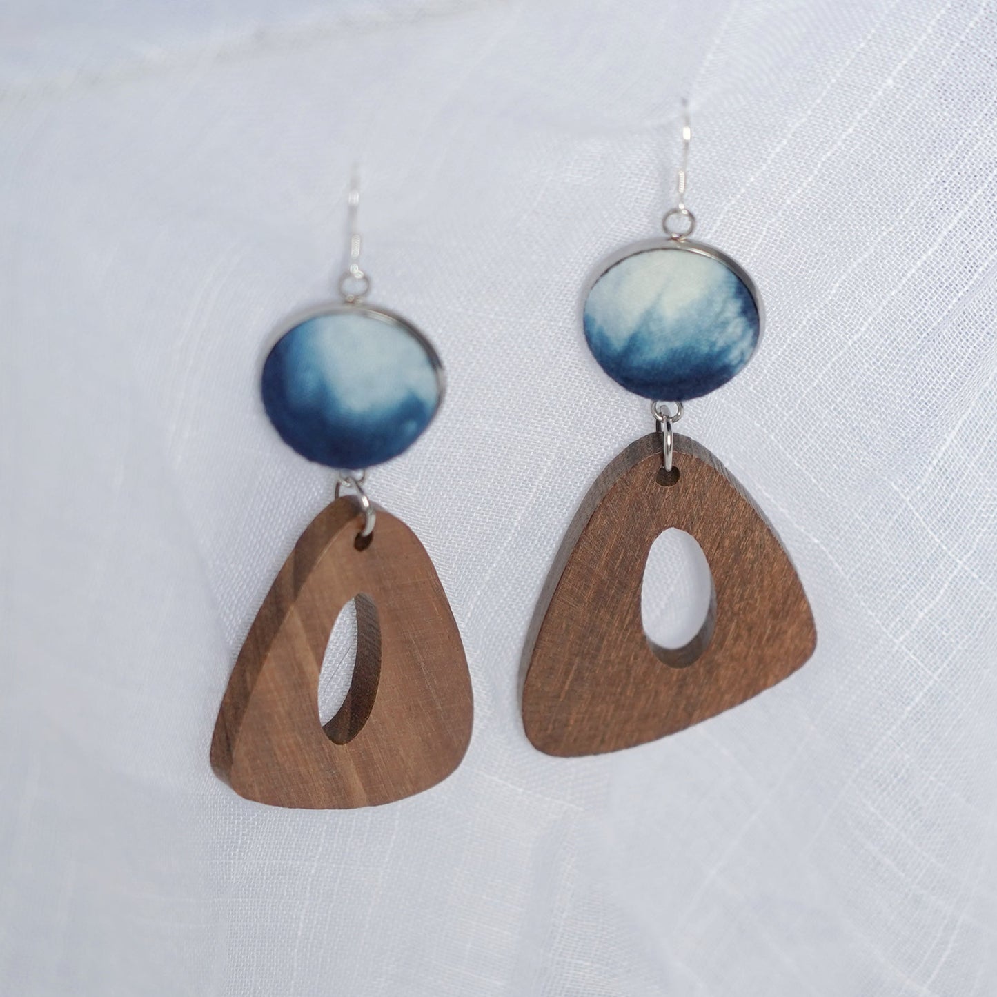 silver boho hoop earrings cyanotype printing on fabric