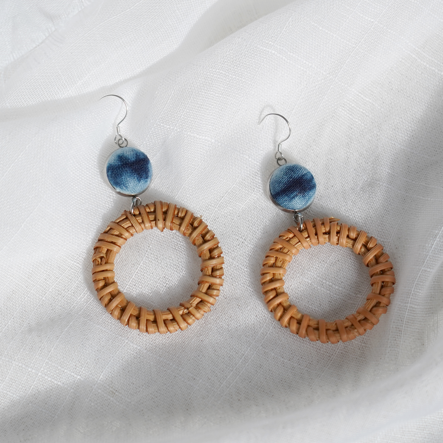 silver dangle boho earrings cyanotype printing on fabric