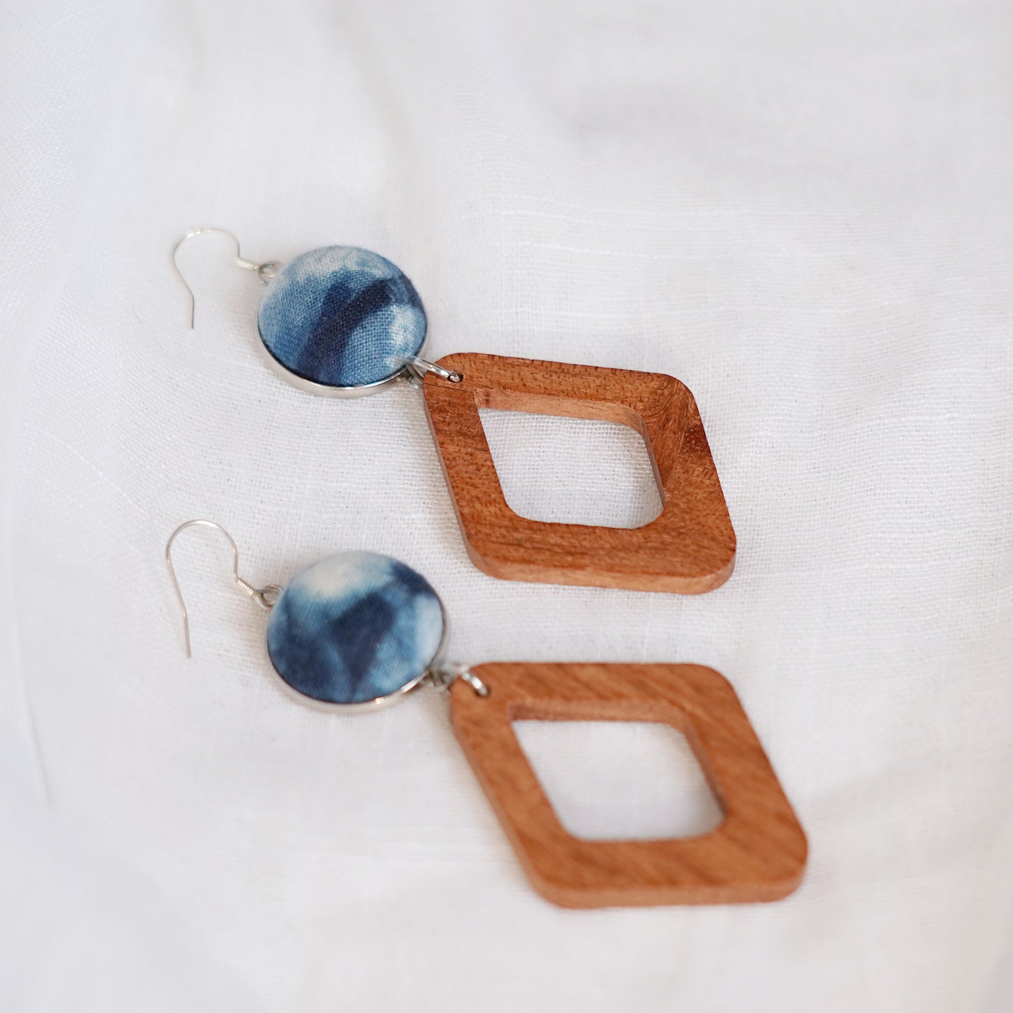 dangle boho earrings silver cyanotype printing on fabric
