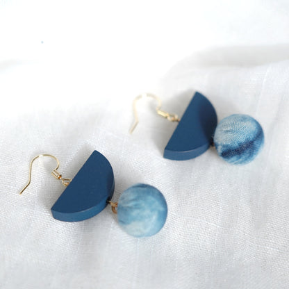 Cyanotype on Fabric Boho Earrings 14k Gold Wood 