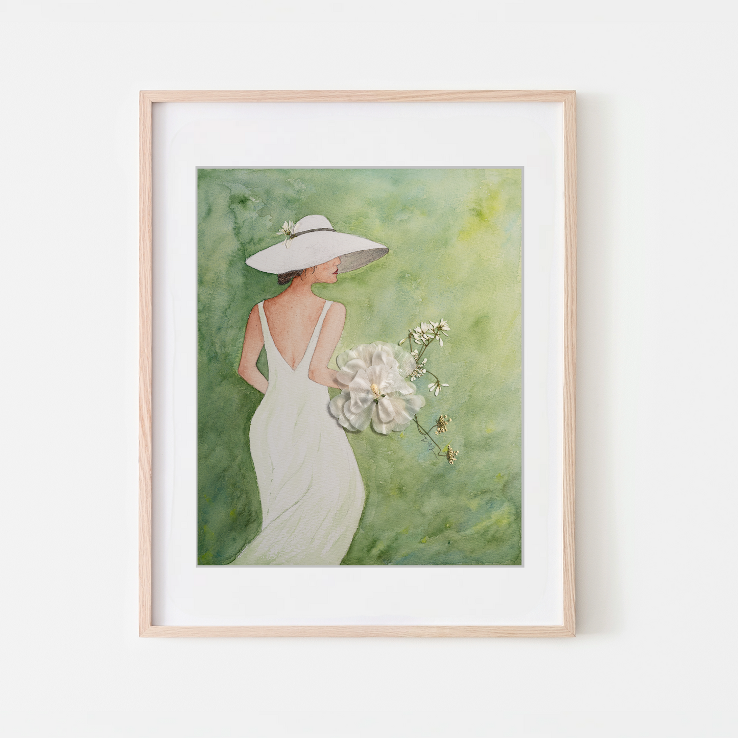 Pressed flower artwork Lady in white dress