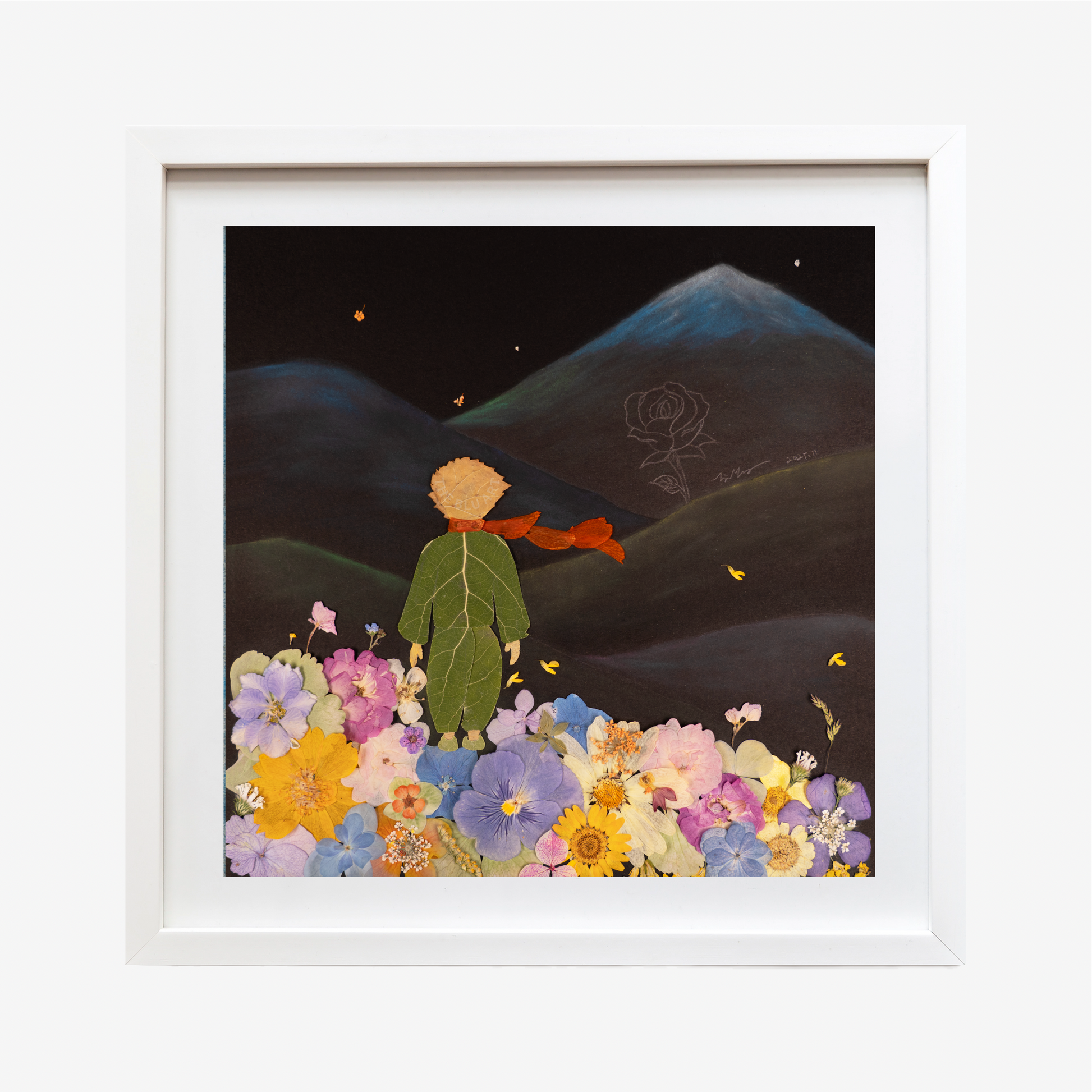 Pressed flower artwork inspired by the Little Prince and His Rose