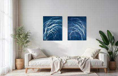 blue art meditative peaceful serene botanical art for living room
