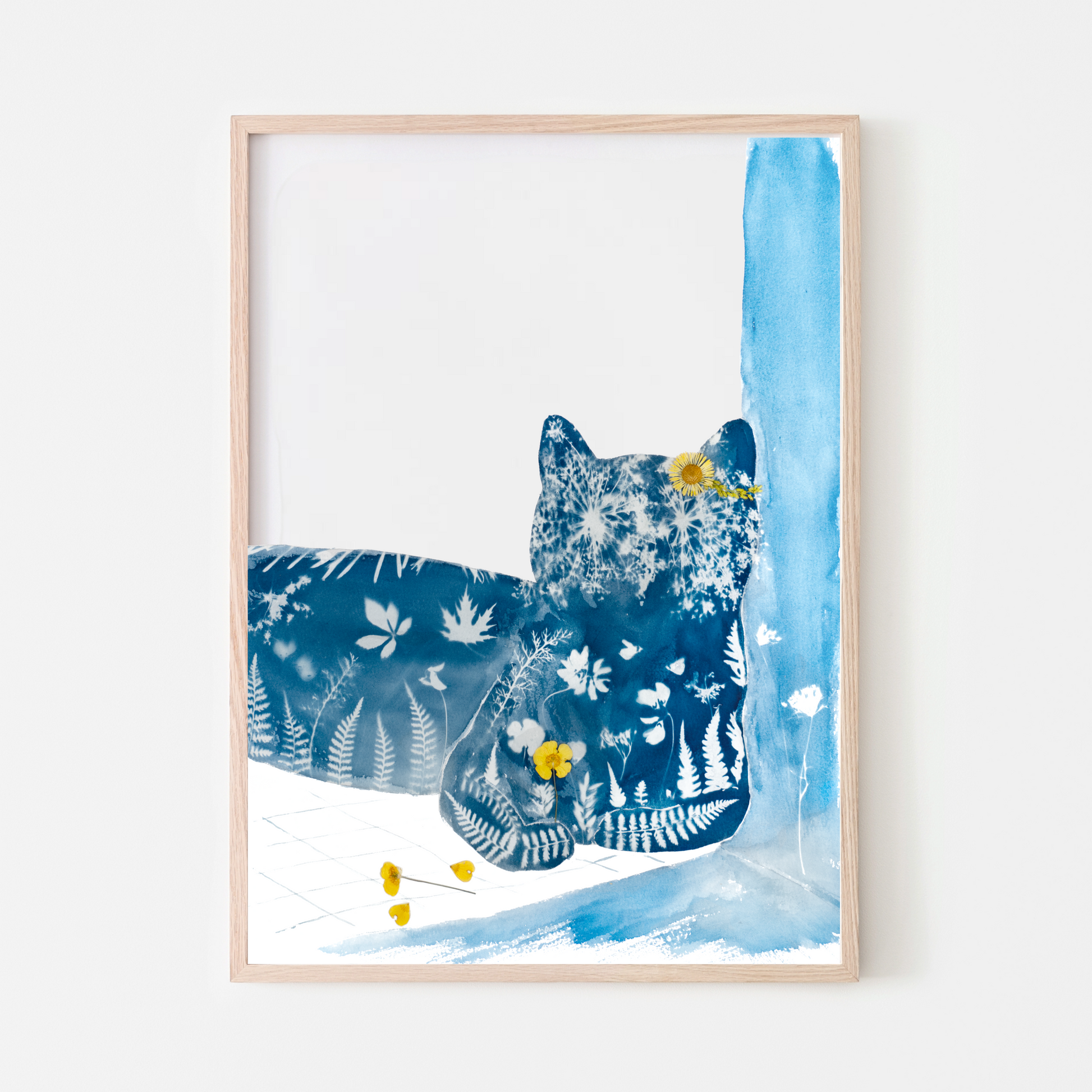 cat laying in the corner cyanotype print blue art