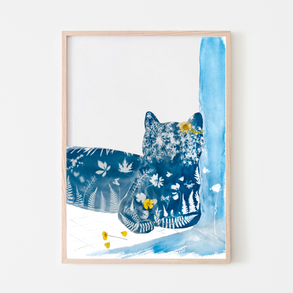 cat laying in the corner cyanotype print blue art