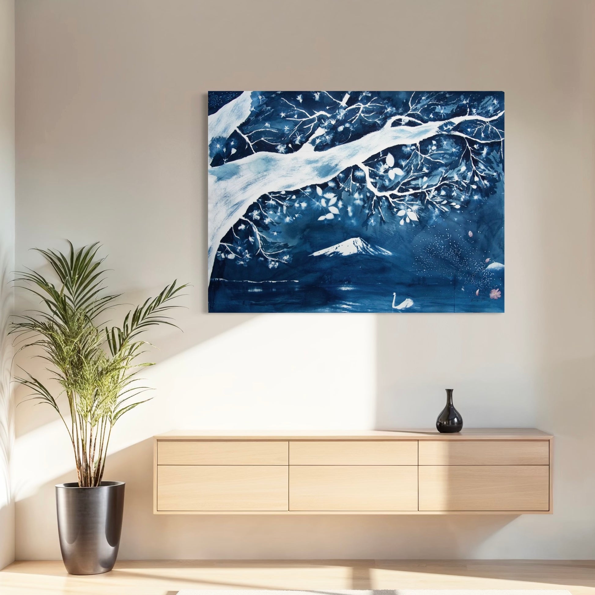cherry blossom Mount Fuji Art Cyanotype Blue Art for Living Room