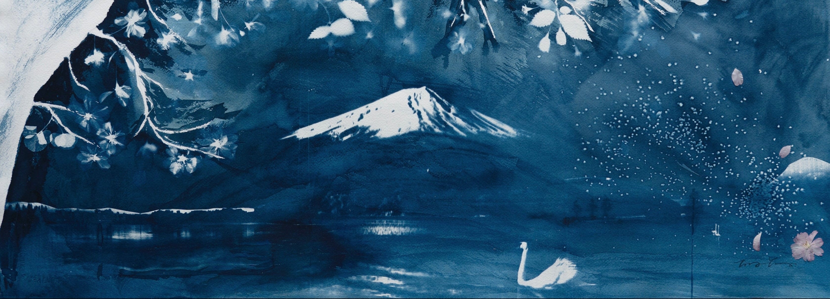 cyanotype blue art Japan Mount Fuji Sakura