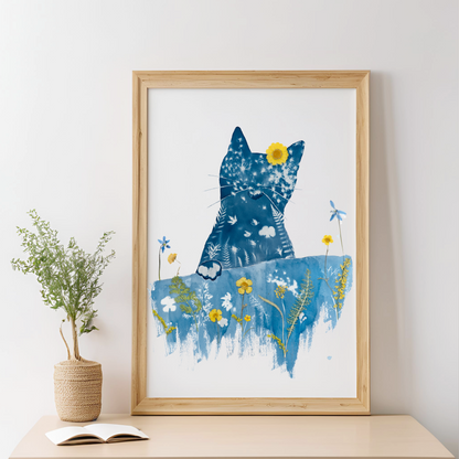 cyanotype print flower artwork blue cat sitting at the dining table 