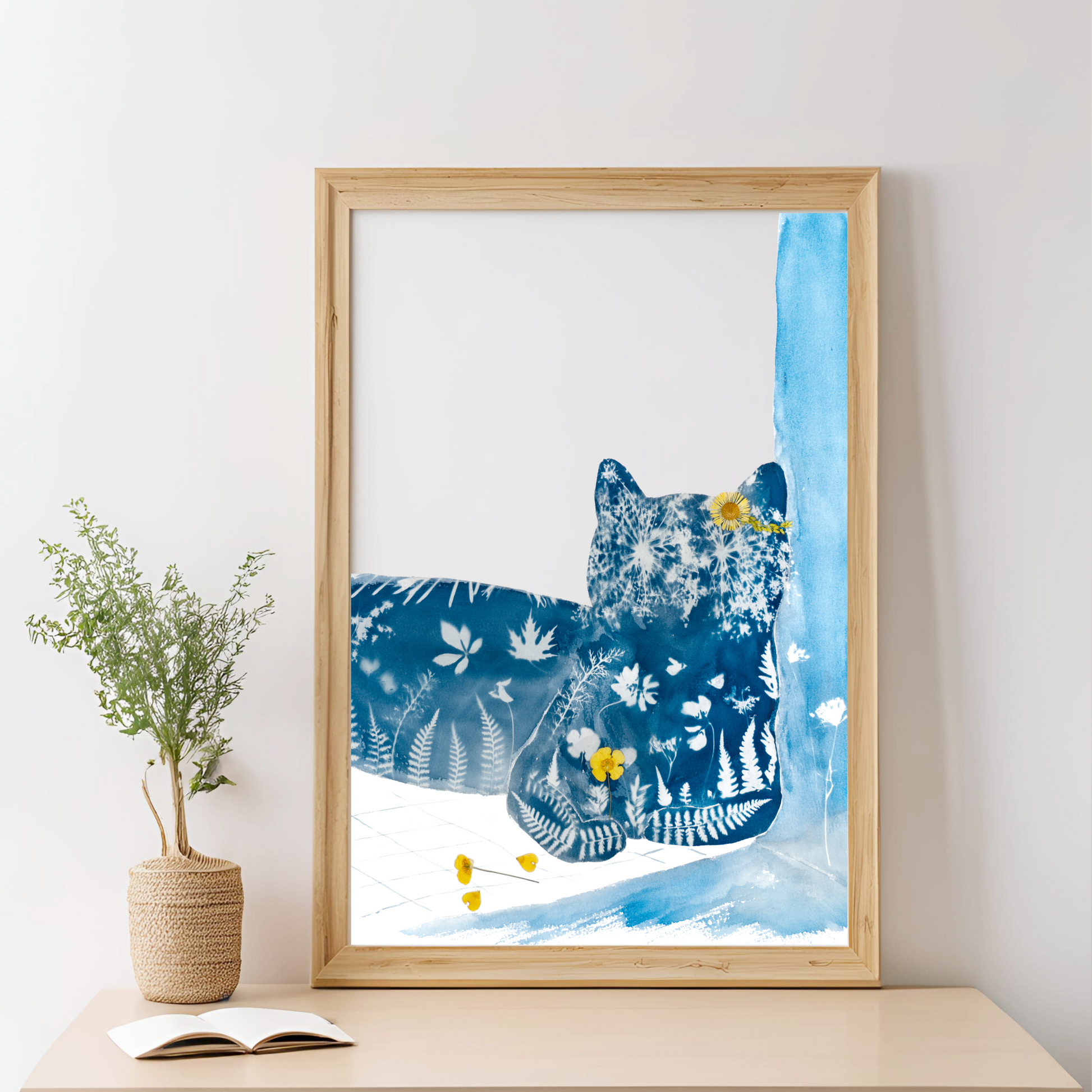 cat laying in the corner cyanotype print flower art