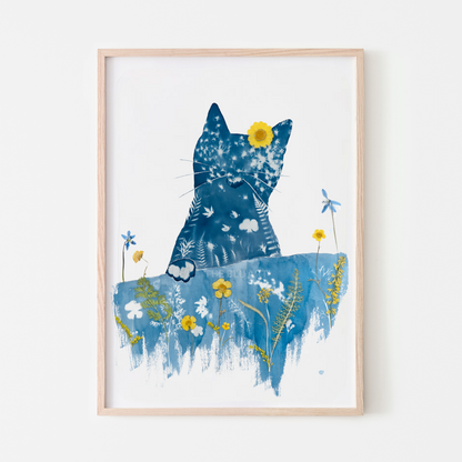 cyanotype print flower art blue cat sitting at the dining table 