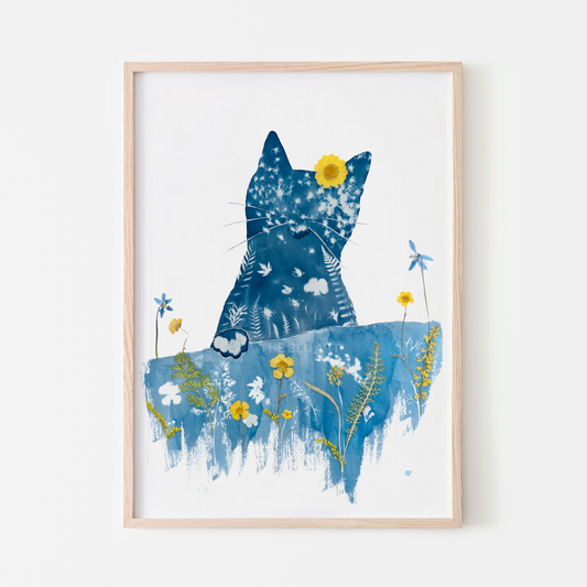 cyanotype print flower art blue cat sitting at the dining table 