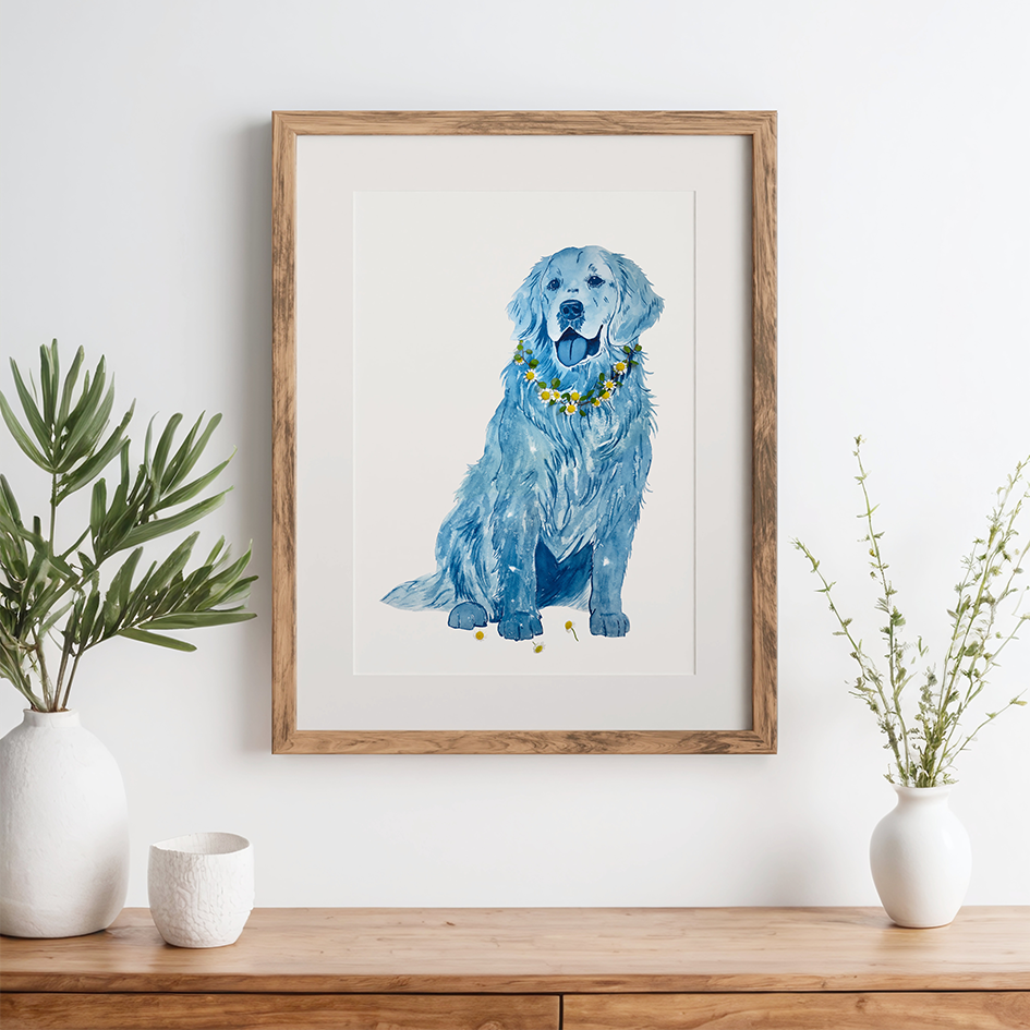 botanical pet portrait golden retriever dog flower art blue and white