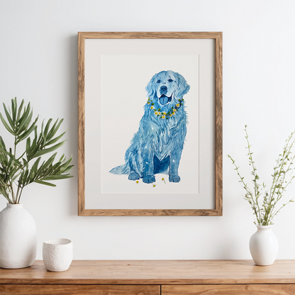 botanical pet portrait golden retriever dog flower art blue and white