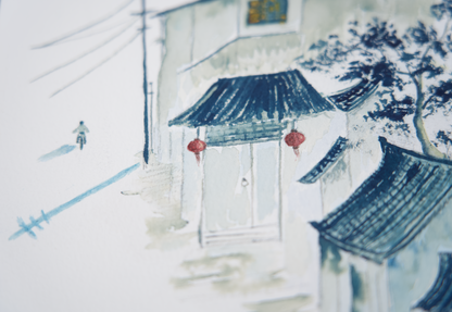 nostalgic art original blue artwork Asian village life painting