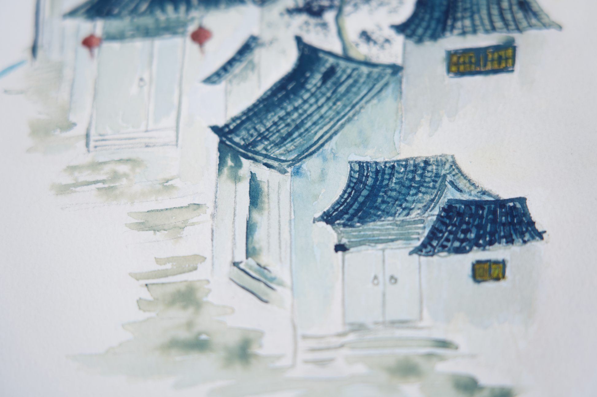 nostalgic art original blue artwork Asian village painting