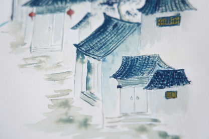 nostalgic art original blue artwork Asian village painting