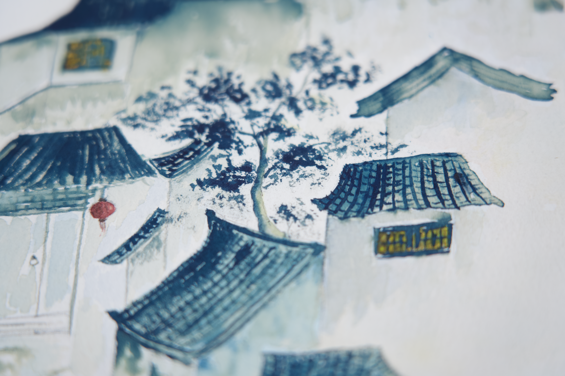 nostalgic art original blue artwork village life painting