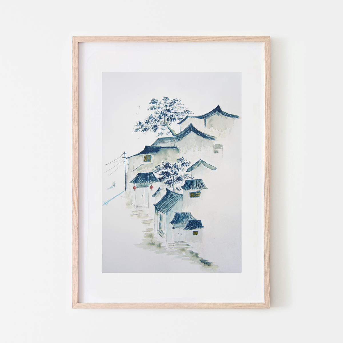 nostalgic art original blue artwork village painting