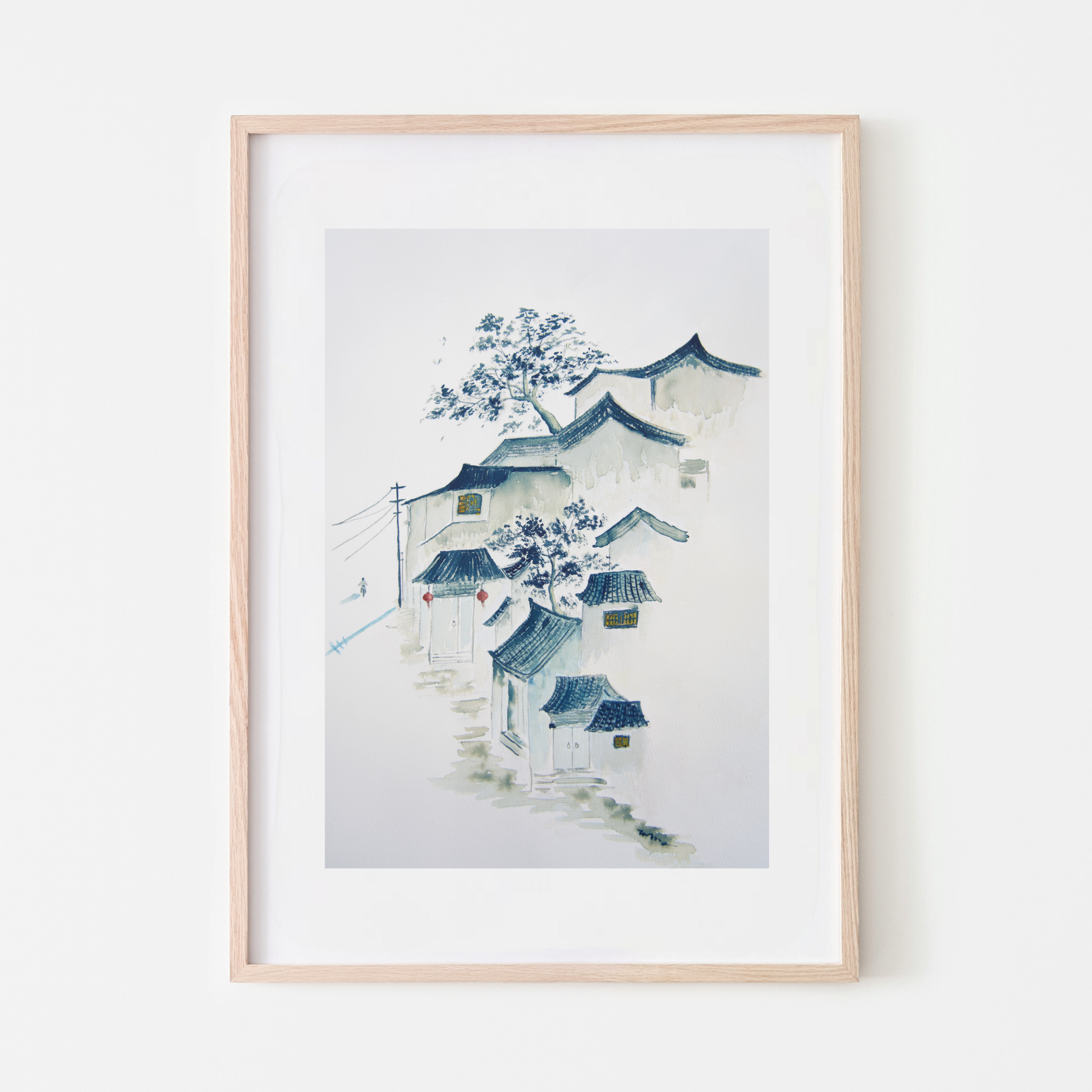 nostalgic art original blue artwork village painting