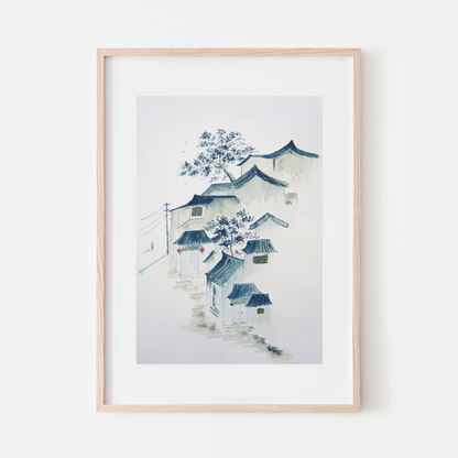 nostalgic art original blue artwork village painting