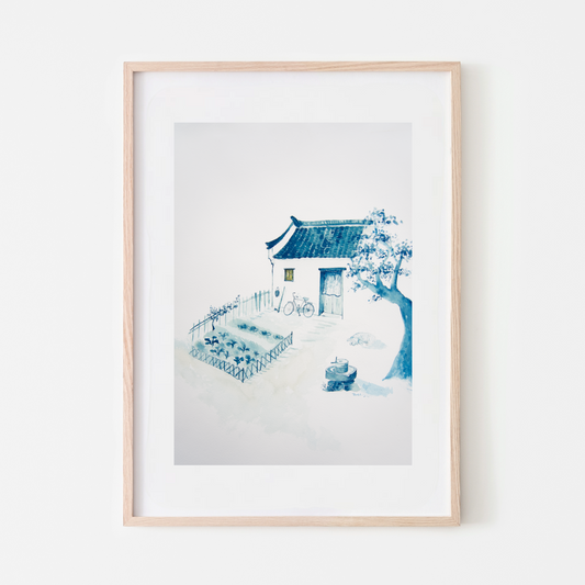 nostalgic art painting asian village life blue art