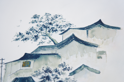 nostalgic art original blue artwork village painting peaceful art