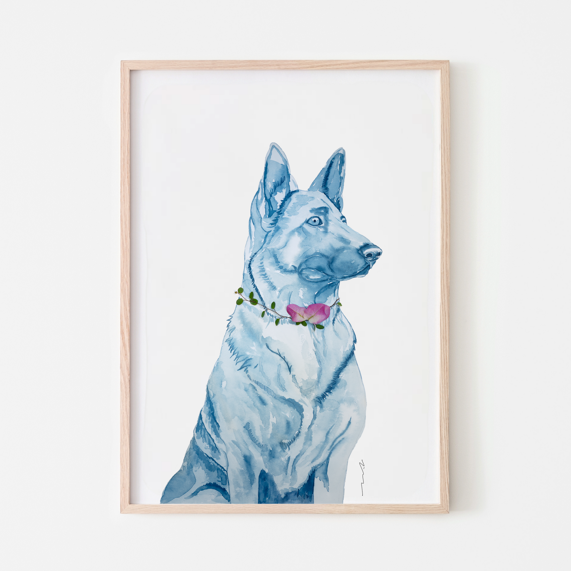 cyanotype blue and white art dog portrait german shepherd