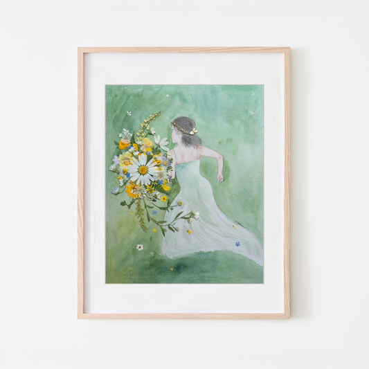 girl with flowers whimsical painting illustration