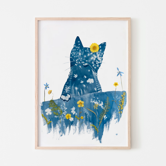 cyanotype pressed flower cat artwork 