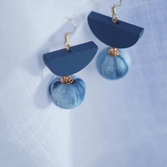 Boho Dangle Earrings Minimalist Wood Bohemian Hoops Cyanotype on Fabric 14K Gold