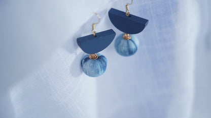 Boho Dangle Earrings Minimalist Wood Bohemian Hoops Cyanotype on Fabric 14K Gold