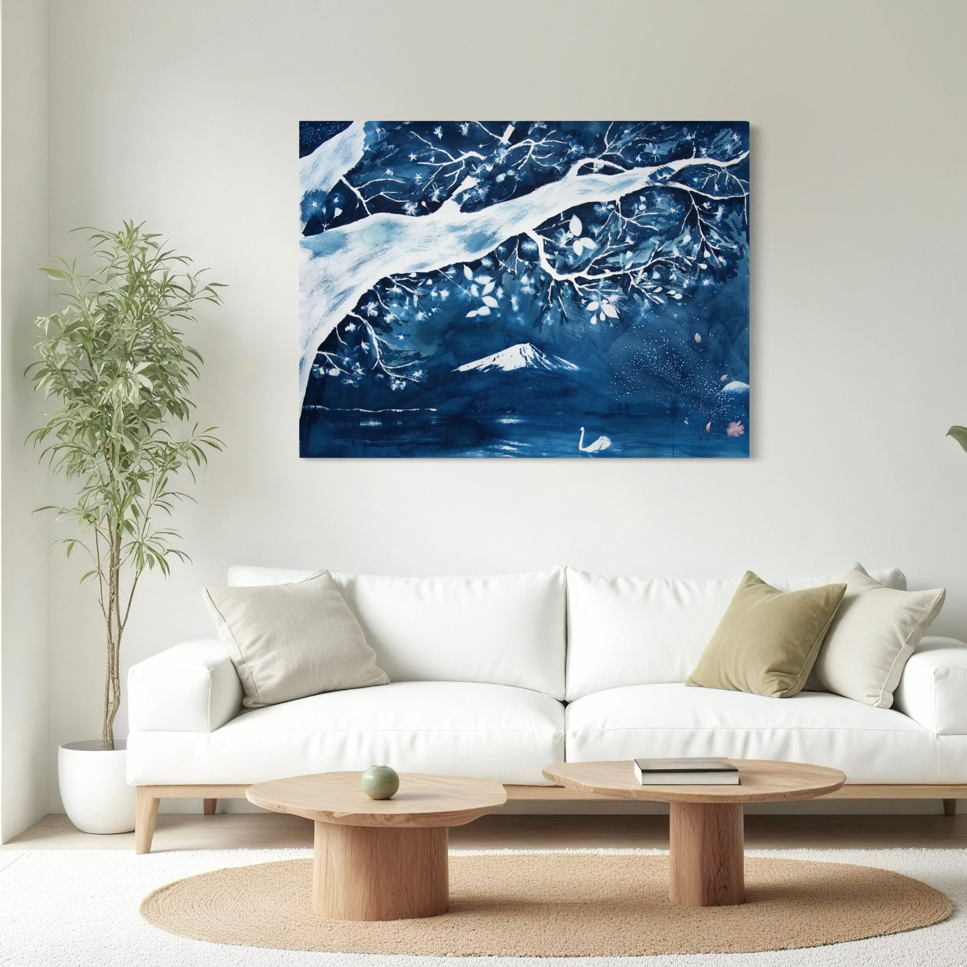 cherry blossom Mount Fuji Art Cyanotype Blue Art for Living Room