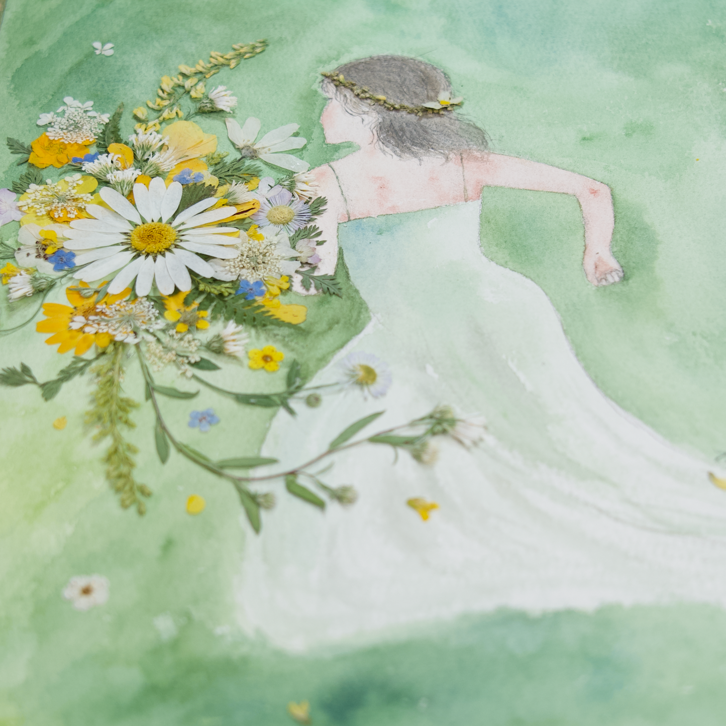 whimsical girl painting pressed flower art watercolor